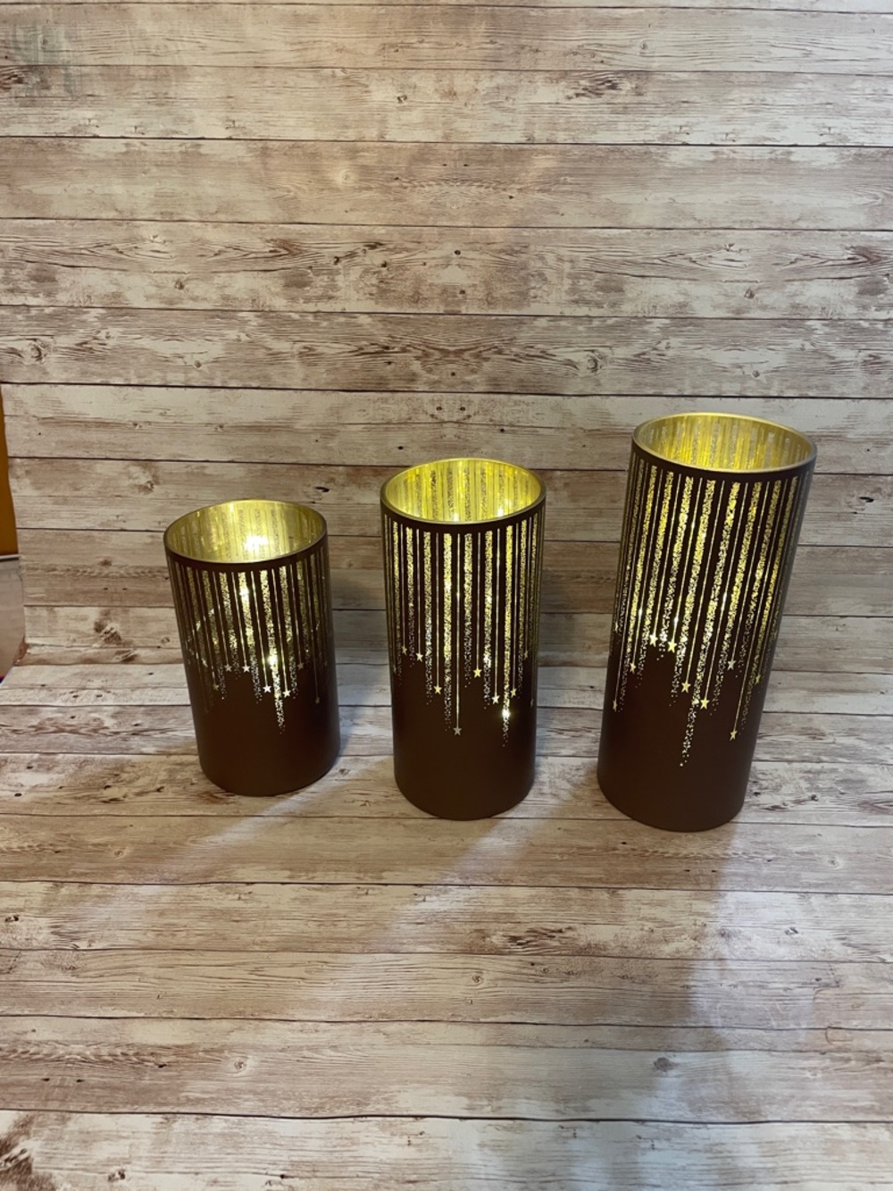 Glass Cylinder Candle Holders Set in Brown with Gold Interior with twinkle light